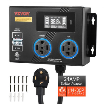Automatic EV Charging Switch, NEMA 14-30, Splitter Switch for Dryer & EV Charger, 24A Max 240V Smart Power Distribution with Circuit Breaker, Real-Time Display, for EVs, Ovens, Dishwashers, ETL