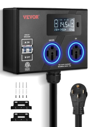 NEMA Splitter for Dryer and EV, 3-Color LED Indicator, 240V Smart Power Distribution, With NEMA 14-50 Plug, Two NEMA 14-50 Outlets, 3.4 in LCD Screen, Max 40A Dryer EV, Tested to ETL Standard