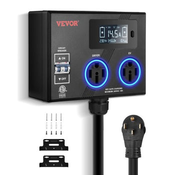 NEMA Splitter for Dryer and EV, 3-Color LED Indicator, 240V Smart Power Distribution, With NEMA 14-50 Plug, Two NEMA 14-50 Outlets, 3.4 in LCD Screen, Max 40A Dryer EV, Tested to ETL Standard