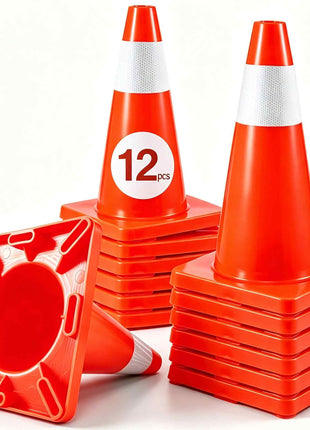 12Pack 18\" Traffic Cones, Safety Road Parking Cones PVC Base, Orange Traffic Cone with Reflective Collars, Hazard Construction Cones for Home Traffic Parking