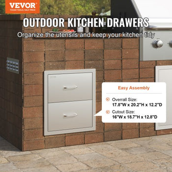 Outdoor Kitchen Drawers 17.8W x 20.2H x 12.2D Inch, Flush Mount Double BBQ Drawers Stainless Steel with Handle, BBQ Island Drawers for Outdoor Kitchens or Patio Grill Station