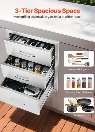 18x23 Inch Outdoor Kitchen Stainless Steel Triple Access BBQ Drawers with Chrome Handle, 18 x23 x 23 Inch