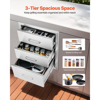 18x23 Inch Outdoor Kitchen Stainless Steel Triple Access BBQ Drawers with Chrome Handle, 18 x23 x 23 Inch