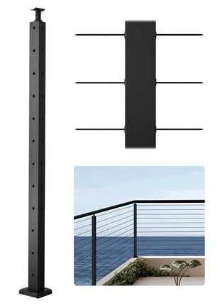 Cable Railing Post, 42x1x2 Inch Corner Railing Post, with L-Shaped Pre-Drilled Holes, Stainless Steel Cable Rail Post with Horizontal and Curved Bracket, 1-Pack, Black, 1JZLGZXHS10607YXO001V0