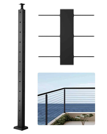 Cable Railing Post, 42x1x2 Inch Corner Railing Post, with L-Shaped Pre-Drilled Holes, Stainless Steel Cable Rail Post with Horizontal and Curved Bracket, 1-Pack, Black, 1JZLGZXHS10607YXO001V0