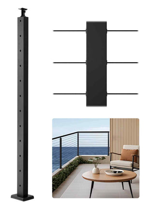 Cable Railing Post, 42x1x2 Inch Level Deck Stair Posts, 1-Pack Stainless Steel Cable Handrail Post, Pre-Drilled Pickets with Mounting Bracket Stair Railing Kit, Black, 1JZLGZXHS1063GGTD001V0