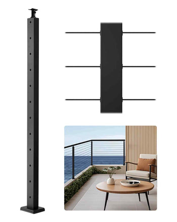 Cable Railing Post, 42x1x2 Inch Level Deck Stair Posts, 1-Pack Stainless Steel Cable Handrail Post, Pre-Drilled Pickets with Mounting Bracket Stair Railing Kit, Black, 1JZLGZXHS1063GGTD001V0