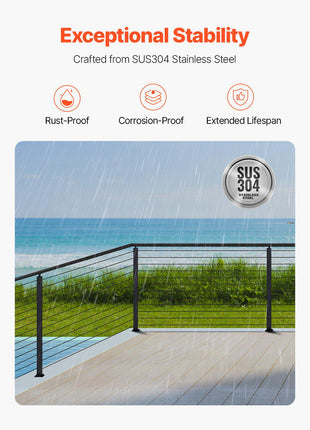 Cable Railing Post, 42x2x2 Inch Corner Railing Post, with L-Shaped Pre-Drilled Holes, Stainless Steel Cable Rail Post with Horizontal and Curved Bracket, 1-Pack, Black, 1JZLGZXHS1065S1EW001V0