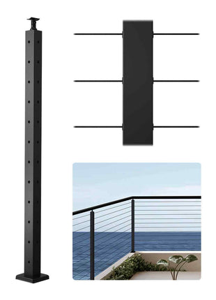 Cable Railing Post, 42x2x2 Inch Corner Railing Post, with L-Shaped Pre-Drilled Holes, Stainless Steel Cable Rail Post with Horizontal and Curved Bracket, 1-Pack, Black, 1JZLGZXHS1065S1EW001V0
