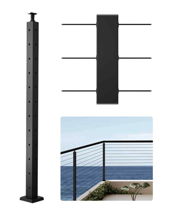 Cable Railing Post, 42x2x2 Inch Corner Railing Post, with L-Shaped Pre-Drilled Holes, Stainless Steel Cable Rail Post with Horizontal and Curved Bracket, 1-Pack, Black, 1JZLGZXHS1065S1EW001V0