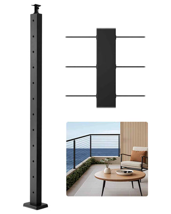Cable Railing Post, 42x2x2 Inch Level Deck Stair Posts, 1-Pack Stainless Steel Cable Handrail Post, Pre-Drilled Pickets with Mounting Bracket Stair Railing Kit, Black, 1JZLGZXHS106AWJO6001V0