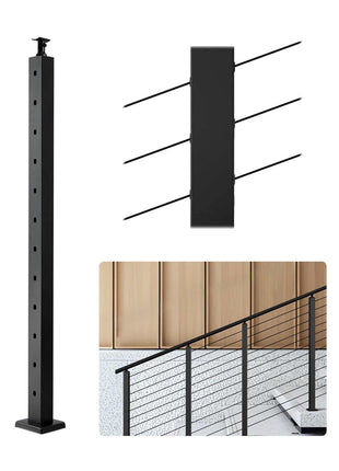 Cable Railing Post, 42x1x2 Inch Stair Railing Post, with Pre-Drilled 30° Angled Holes, Stainless Steel Cable Rail Post with Horizontal and Curved Bracket, 1-Pack, Black, 1JZLGZXHS106VRA3X001V0