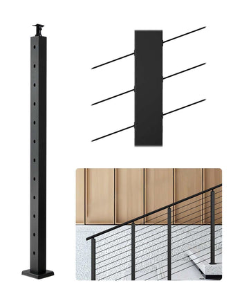 Cable Railing Post, 42x1x2 Inch Stair Railing Post, with Pre-Drilled 30° Angled Holes, Stainless Steel Cable Rail Post with Horizontal and Curved Bracket, 1-Pack, Black, 1JZLGZXHS106VRA3X001V0
