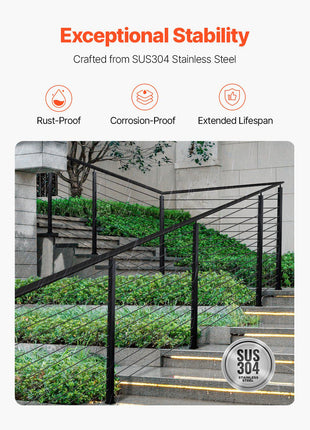 Cable Railing Post, 42x2x2 Inch Stair Railing Post, with Pre-Drilled 30° Angled Holes, Stainless Steel Cable Rail Post with Horizontal and Curved Bracket, 1-Pack, Black, 1JZLGZXHS106W3XAA001V0