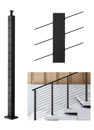 Cable Railing Post, 42x2x2 Inch Stair Railing Post, with Pre-Drilled 30° Angled Holes, Stainless Steel Cable Rail Post with Horizontal and Curved Bracket, 1-Pack, Black, 1JZLGZXHS106W3XAA001V0