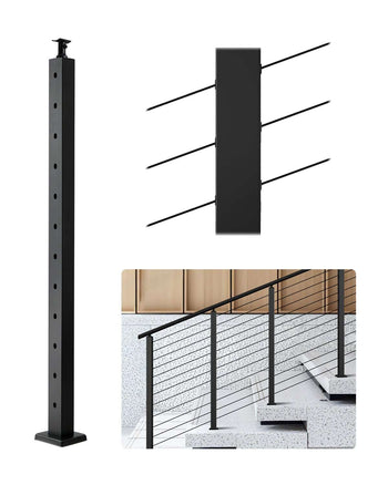 Cable Railing Post, 42x2x2 Inch Stair Railing Post, with Pre-Drilled 30° Angled Holes, Stainless Steel Cable Rail Post with Horizontal and Curved Bracket, 1-Pack, Black, 1JZLGZXHS106W3XAA001V0