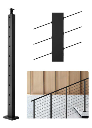 Cable Railing Post, 36x1x2 Inch Stair Railing Post, with Pre-Drilled 30° Angled Holes, Stainless Steel Cable Rail Post with Horizontal and Curved Bracket, 1-Pack, Black, 1JZLGZXHS91402OS1001V0