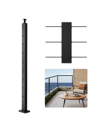 1-Pack Cable Railing Post, 36x2x2 In Horizontal-Hole Deck Railing Post with Pre-Drilled Holes, Stainless Steel Cable Rail Post with Horizontal and Curved Bracket, Black, 1JZLGZXHS9148RVYS001V0