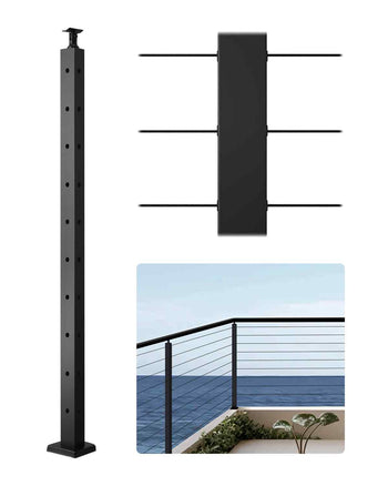 Cable Railing Post, 36x1x2 Inch Corner Railing Post, with L-Shaped Pre-Drilled Holes, Stainless Steel Cable Rail Post with Horizontal and Curved Bracket, 1-Pack, Black, 1JZLGZXHS914IVCFL001V0
