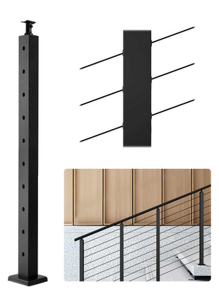 Cable Railing Post, 36x2x2 Inch Stair Railing Post, with Pre-Drilled 30° Angled Holes, Stainless Steel Cable Rail Post with Horizontal and Curved Bracket, 1-Pack, Black, 1JZLGZXHS914YIVIS001V0