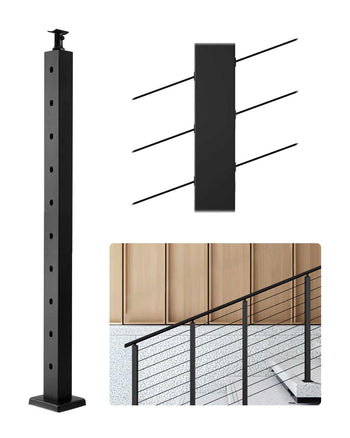 Cable Railing Post, 36x2x2 Inch Stair Railing Post, with Pre-Drilled 30° Angled Holes, Stainless Steel Cable Rail Post with Horizontal and Curved Bracket, 1-Pack, Black, 1JZLGZXHS914YIVIS001V0