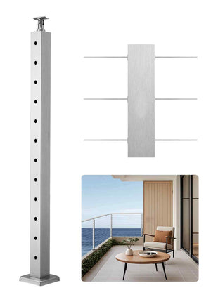 Cable Railing Post, 42x2x2 Inch Level Deck Stair Posts, 1-Pack Stainless Steel Cable Handrail Post, Pre-Drilled Pickets with Mounting Bracket Stair Railing Kit, Silver, 1JZLGZXYS1061EF8W001V0