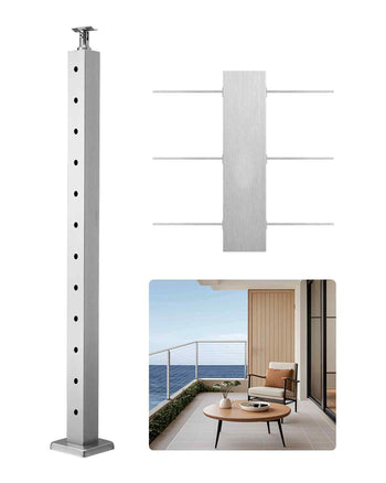 Cable Railing Post, 42x2x2 Inch Level Deck Stair Posts, 1-Pack Stainless Steel Cable Handrail Post, Pre-Drilled Pickets with Mounting Bracket Stair Railing Kit, Silver, 1JZLGZXYS1061EF8W001V0