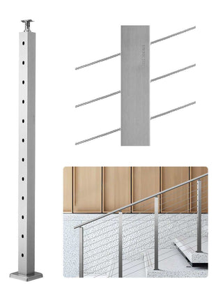 Cable Railing Post, 42x2x2 Inch Stair Railing Post, with Pre-Drilled 30° Angled Holes, Stainless Steel Cable Rail Post with Horizontal and Curved Bracket, 1-Pack, Silver, 1JZLGZXYS1062TLWC001V0