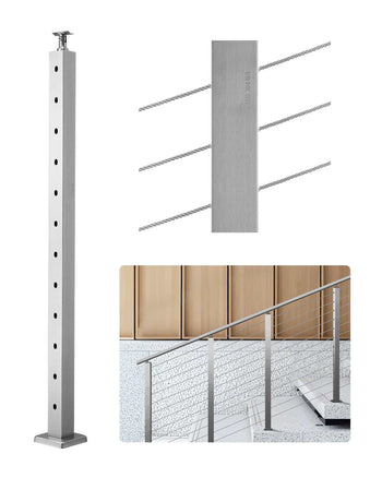 Cable Railing Post, 42x2x2 Inch Stair Railing Post, with Pre-Drilled 30° Angled Holes, Stainless Steel Cable Rail Post with Horizontal and Curved Bracket, 1-Pack, Silver, 1JZLGZXYS1062TLWC001V0