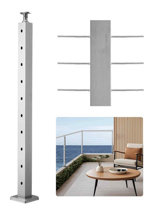 1-Pack Cable Railing Post, 36x2x2 In Horizontal-Hole Deck Railing Post with Pre-Drilled Holes, Stainless Steel Cable Rail Post with Horizontal and Curved Bracket, Silver, 1JZLGZXYS91466KZK001V0