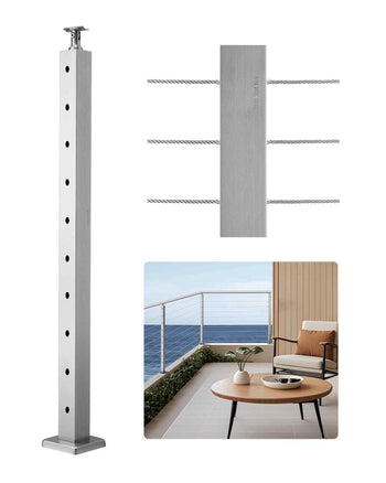 1-Pack Cable Railing Post, 36x2x2 In Horizontal-Hole Deck Railing Post with Pre-Drilled Holes, Stainless Steel Cable Rail Post with Horizontal and Curved Bracket, Silver, 1JZLGZXYS91466KZK001V0