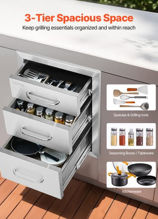 Outdoor Kitchen Drawers 14" W x 20.3" H x 23" D, Flush Mount Triple Access BBQ Drawers Stainless Steel with Handle, BBQ Island Drawers for Outdoor Kitchens or Patio Grill Station