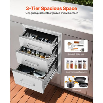 Outdoor Kitchen Drawers 14" W x 20.3" H x 23" D, Flush Mount Triple Access BBQ Drawers Stainless Steel with Handle, BBQ Island Drawers for Outdoor Kitchens or Patio Grill Station