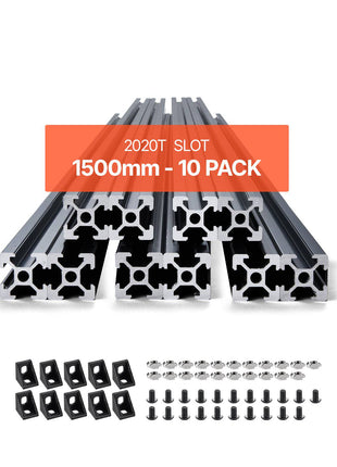 10PCS 59 in (1500 mm) T Slot 2020 Aluminum Extrusion Profile, European Standard Anodized Linear Rail, High-Strength Extruded Aluminum Rail for 3D Printer, CNC Machine DIY, Laser Engraving, Black
