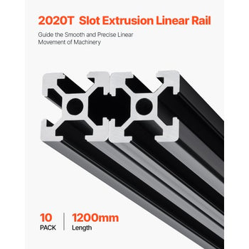 10PCS 47.2 in (1200mm) T Slot 2020 Aluminum Extrusion Profile, European Standard Anodized Linear Rail, High-Strength Extruded Aluminum Rail for 3D Printer, CNC Machine DIY, Laser Engraving, Black