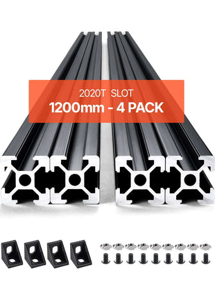 4PCS 47.2 in (1200mm) T Slot 2020 Aluminum Extrusion Profile, European Standard Anodized Linear Rail, High-Strength Extruded Aluminum Rail for 3D Printer, CNC Machine DIY, Laser Engraving, Black