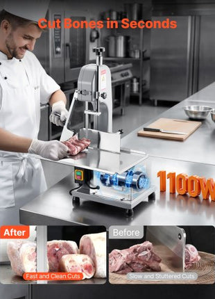 Commercial Electric Meat Bandsaw, 1100W Bone Sawing Machine with 12.4" x 18.1" Workbench, 0-4.3" Cutting Thickness, 7 Extra Replacement Blades, for Cutting Bone, Frozen Meat, Pork, Beef & Ribs