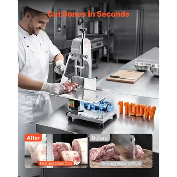 Commercial Electric Meat Bandsaw, 1100W Bone Sawing Machine with 12.4" x 18.1" Workbench, 0-4.3" Cutting Thickness, 7 Extra Replacement Blades, for Cutting Bone, Frozen Meat, Pork, Beef & Ribs