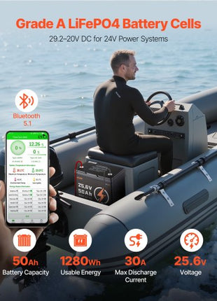 24V 50Ah LiFePO4 Lithium Battery, Bluetooth, Deep Cycle Lithium Rechargeable Battery, Built-in 30A BMS, Low Temp Protection, 4000+ Cycles, Max. 1280Wh, for RV, Camper, Trolling Motors, Marine