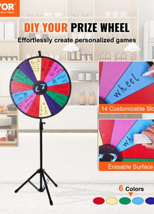 24 inch Spinning Prize Wheel, 14 Slots Spinning Wheel with Height Adjustable Stand, Roulette Wheel with a Dry Erase, and a Storage Bag, Win Fortune Spin Games in Party Pub Trade Show Carnival