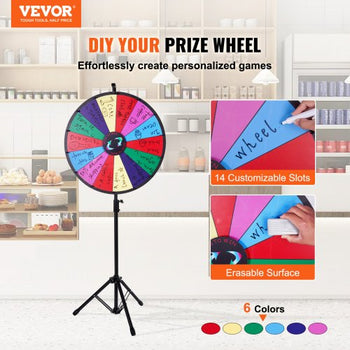 24 inch Spinning Prize Wheel, 14 Slots Spinning Wheel with Height Adjustable Stand, Roulette Wheel with a Dry Erase, and a Storage Bag, Win Fortune Spin Games in Party Pub Trade Show Carnival