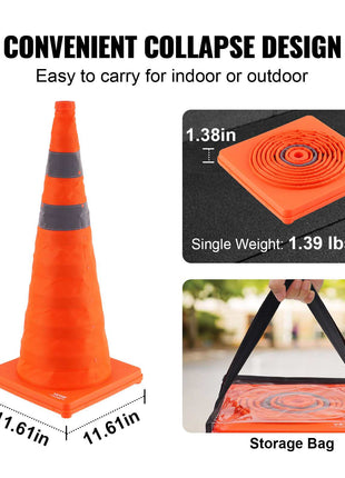 Bright orange collapsible traffic cone with reflective stripes, lightweight, portable design for indoor/outdoor use.
