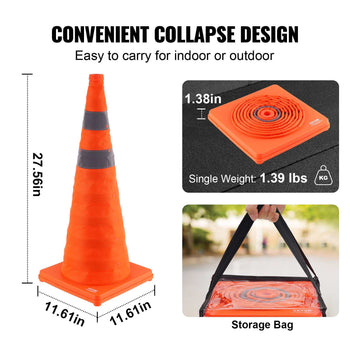 Bright orange collapsible traffic cone with reflective stripes, lightweight, portable design for indoor/outdoor use.