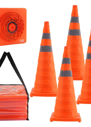 Set of four orange traffic cones with reflective gray stripes and a collapsible storage bag. Ideal for safety and construction.