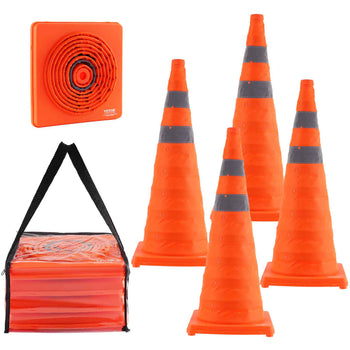 Set of four orange traffic cones with reflective gray stripes and a collapsible storage bag. Ideal for safety and construction.