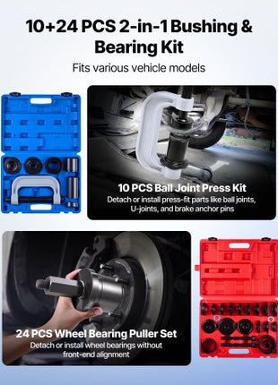 Bearing Press Kit, 10+24 Pcs, 2 in 1 Ball Joint Press & Wheel Bearing Puller Kit, Race and Seal Driver Set with 13 Bushings, C-Frame and Sleeves, Heavy Duty Removal Installation Set with Case