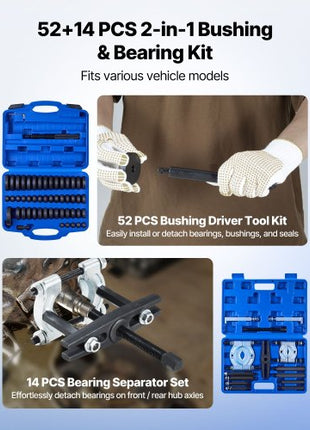 Bearing Press Kit, 52+14 Pcs, 2 in 1 Bushing Driver Tool & Bearing Press Kit, Race and Seal Driver Set with 49 Bushings, Separators and Jaws, Heavy Duty Removal Installation Tool Set with Case