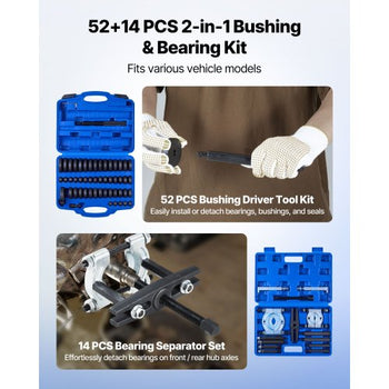 Bearing Press Kit, 52+14 Pcs, 2 in 1 Bushing Driver Tool & Bearing Press Kit, Race and Seal Driver Set with 49 Bushings, Separators and Jaws, Heavy Duty Removal Installation Tool Set with Case