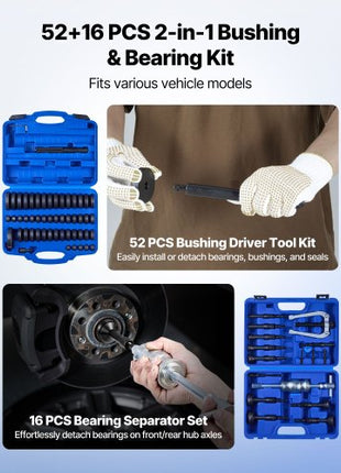 Bearing Press Kit, 52+16 Pcs, 2 in 1 Bushing Driver Tool & Bearing Press Kit, Race and Seal Driver Set with 49 Bushings, 10 Collets, Slide Hammer, Heavy Duty Removal Installation Set with Case