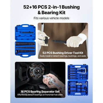 Bearing Press Kit, 52+16 Pcs, 2 in 1 Bushing Driver Tool & Bearing Press Kit, Race and Seal Driver Set with 49 Bushings, 10 Collets, Slide Hammer, Heavy Duty Removal Installation Set with Case